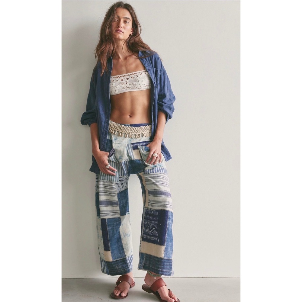 Symphony Indigo Blue Patchwork Wide Leg Culottes Boho Elastic Waist Cropped NWOT